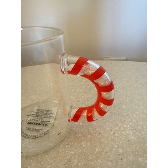 Starbucks 12 Oz Clear Glass Coffee Mug With Red Candy Cane Handle Holiday Design - Picture 2 of 3